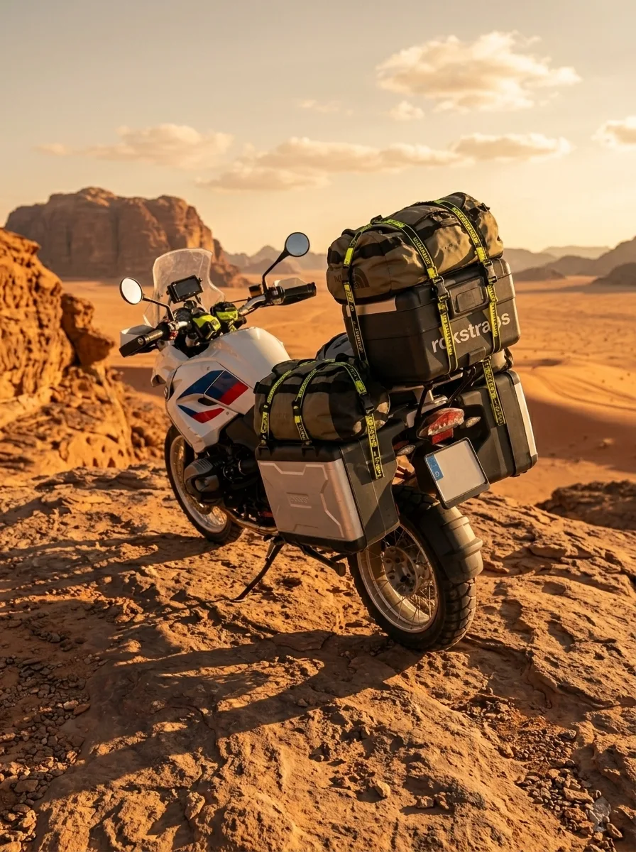 Adventure motorcycle loaded with expedition gear secured by elastic cargo straps on a desert ridge at golden hour.