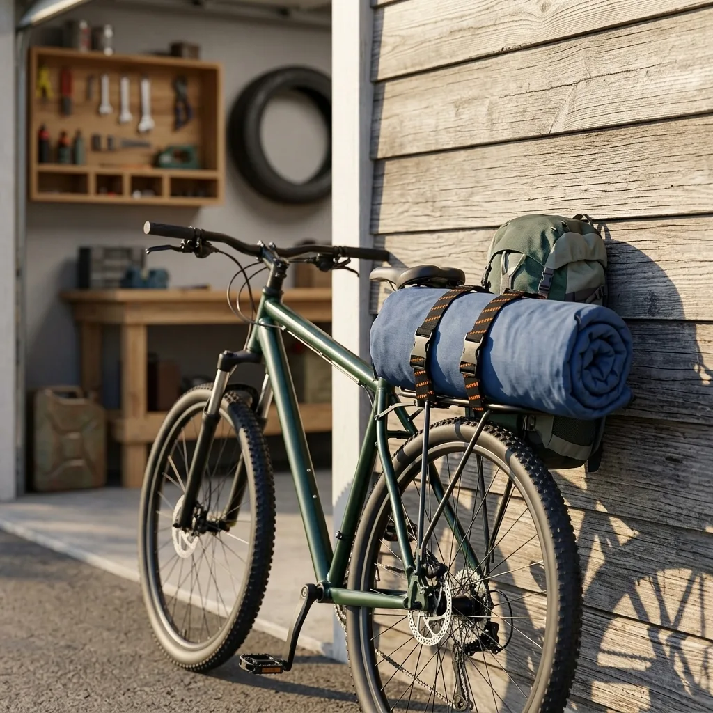 Mountain bike secured with elastic cargo straps and black buckles in a bright garage setting during morning sunlight.