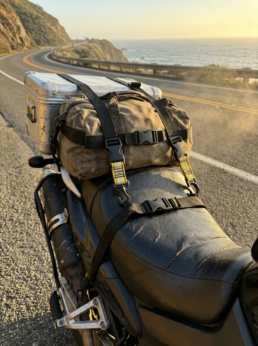Close-up of ROK straps securing expedition gear on a motorcycle near a coastal highway at golden hour.