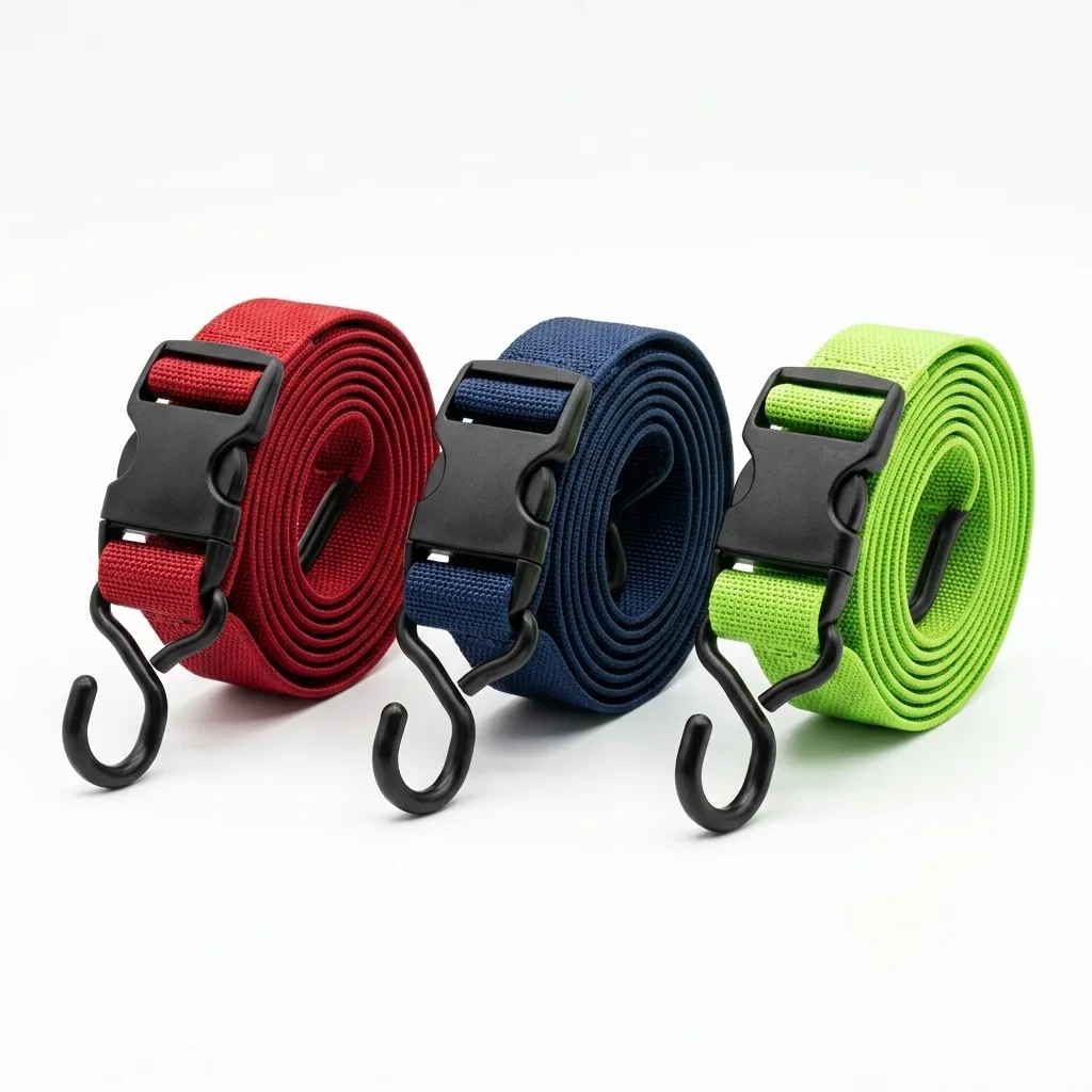 Three coiled elastic cargo straps in red, navy, and lime green with black plastic buckles on white studio background.