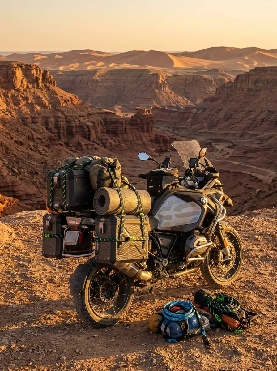 Desert motorcycle loaded with ROK straps securing expedition gear on a red-rock ridge at sunset.
