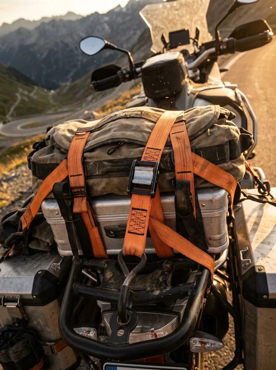 Elastic cargo straps with black buckles securing gear to a loaded motorcycle on a mountain road at golden hour.