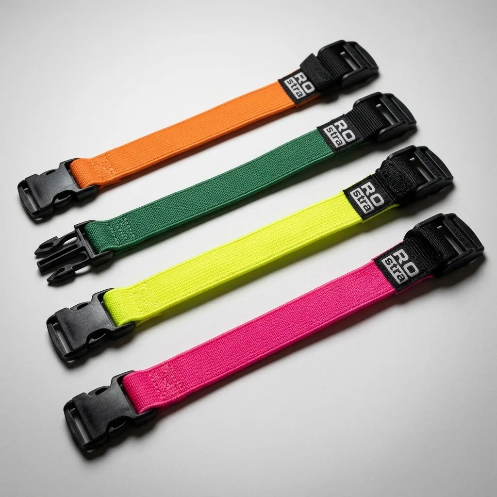 Four stretched elastic cargo straps in hot pink, yellow, green, and orange with black plastic buckles arranged on gray studio background.