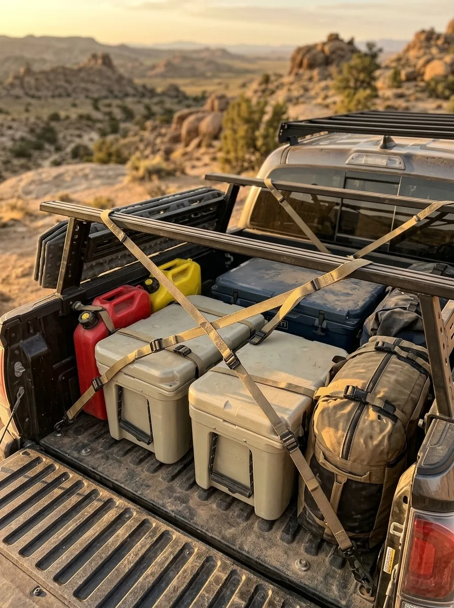 Elastic cargo straps with black buckles securing expedition gear in a pickup truck bed during golden hour light.