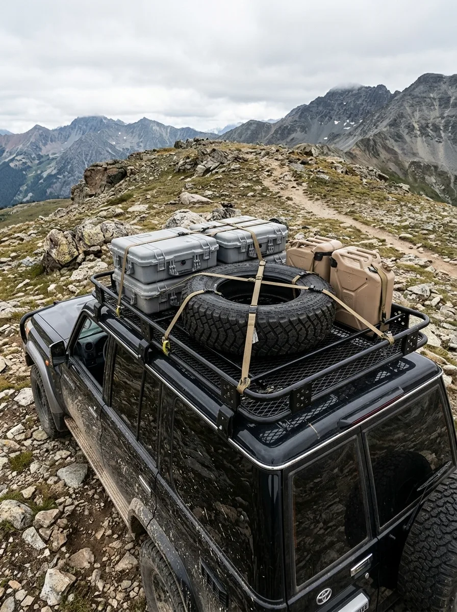 Rugged 4x4 vehicle on rocky ridge with elastic cargo straps securing roof-mounted expedition gear under overcast sky.