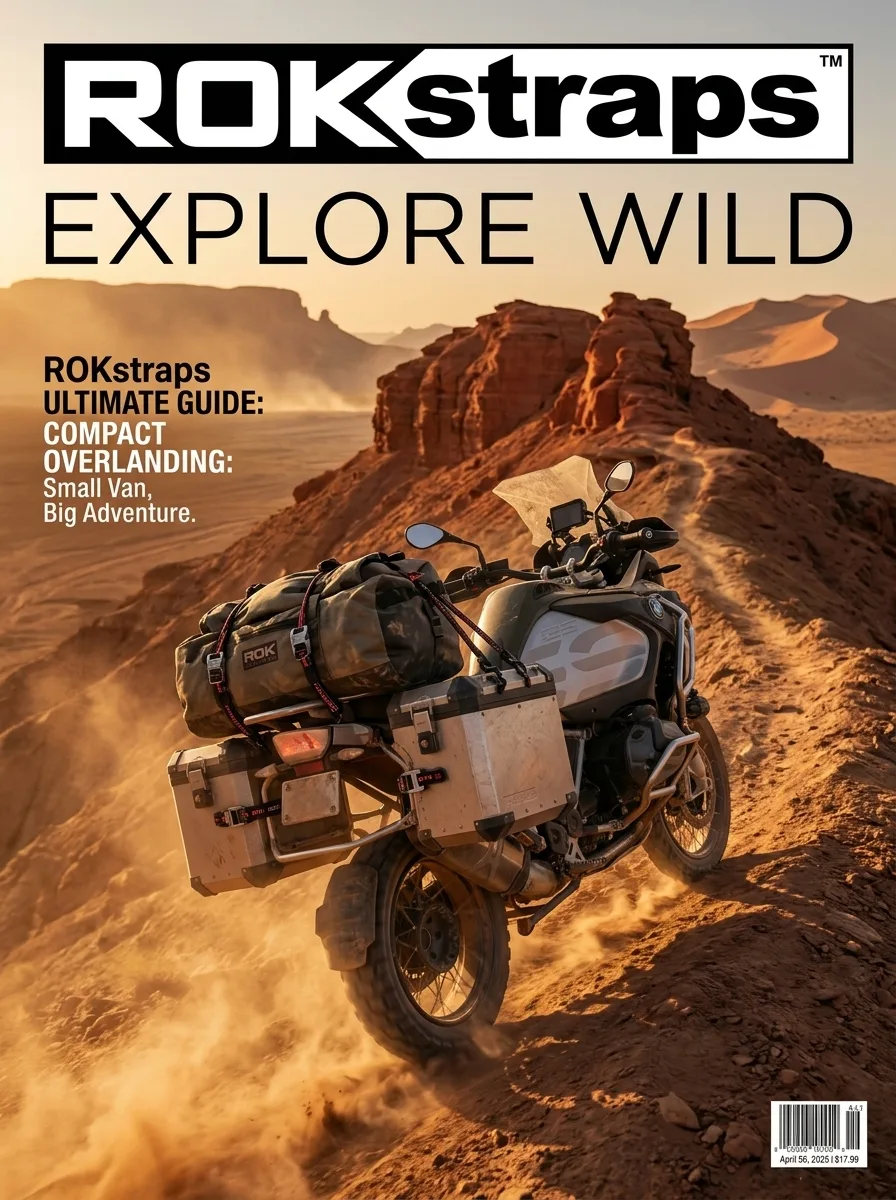Adventure motorcycle packed with secured gear ascending desert ridge at golden hour, elastic straps visible.
