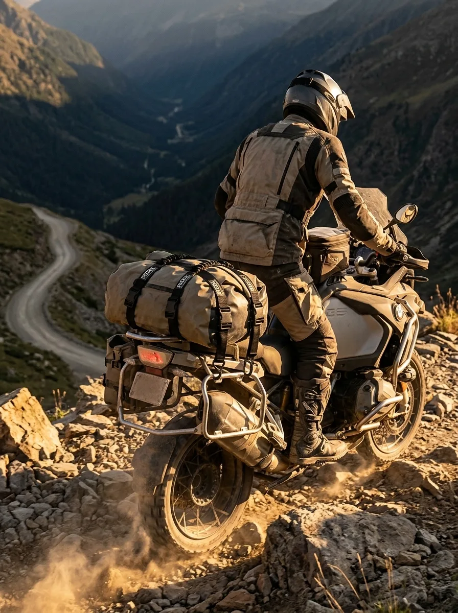 Motorcycle rider with secured cargo ascending mountain pass at sunset with elastic straps visible.
