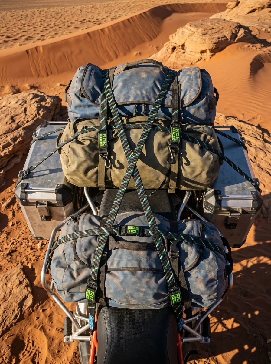 Overhead view of motorcycle cargo straps securing duffle bags and cases on desert ridge.