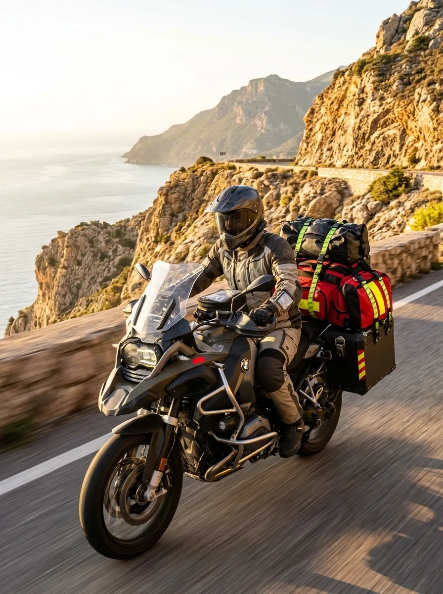 ROK Straps Coastal Mountain Ride Expedition Motorcycle with rider navigating coastal mountain road with secured cargo straps in golden light.