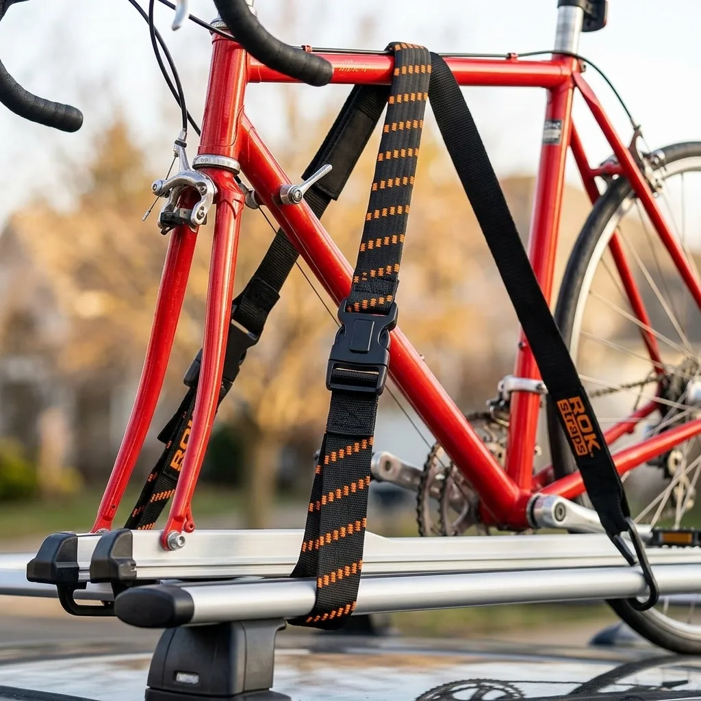 Bicycle cargo straps daylight secure Elastic cargo straps with black buckles securing a red bicycle to a roof rack in bright daylight.