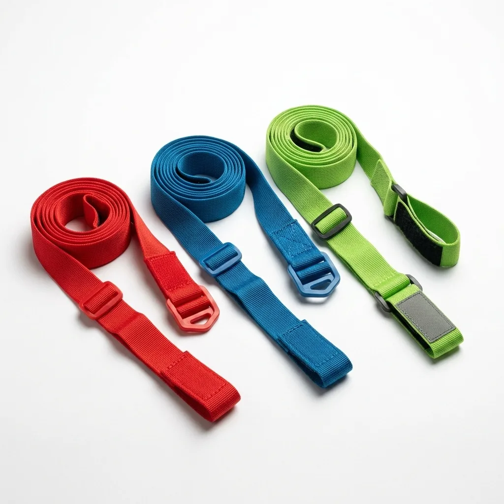 Colorful elastic cargo straps with black plastic buckles on white seamless background, studio lighting.