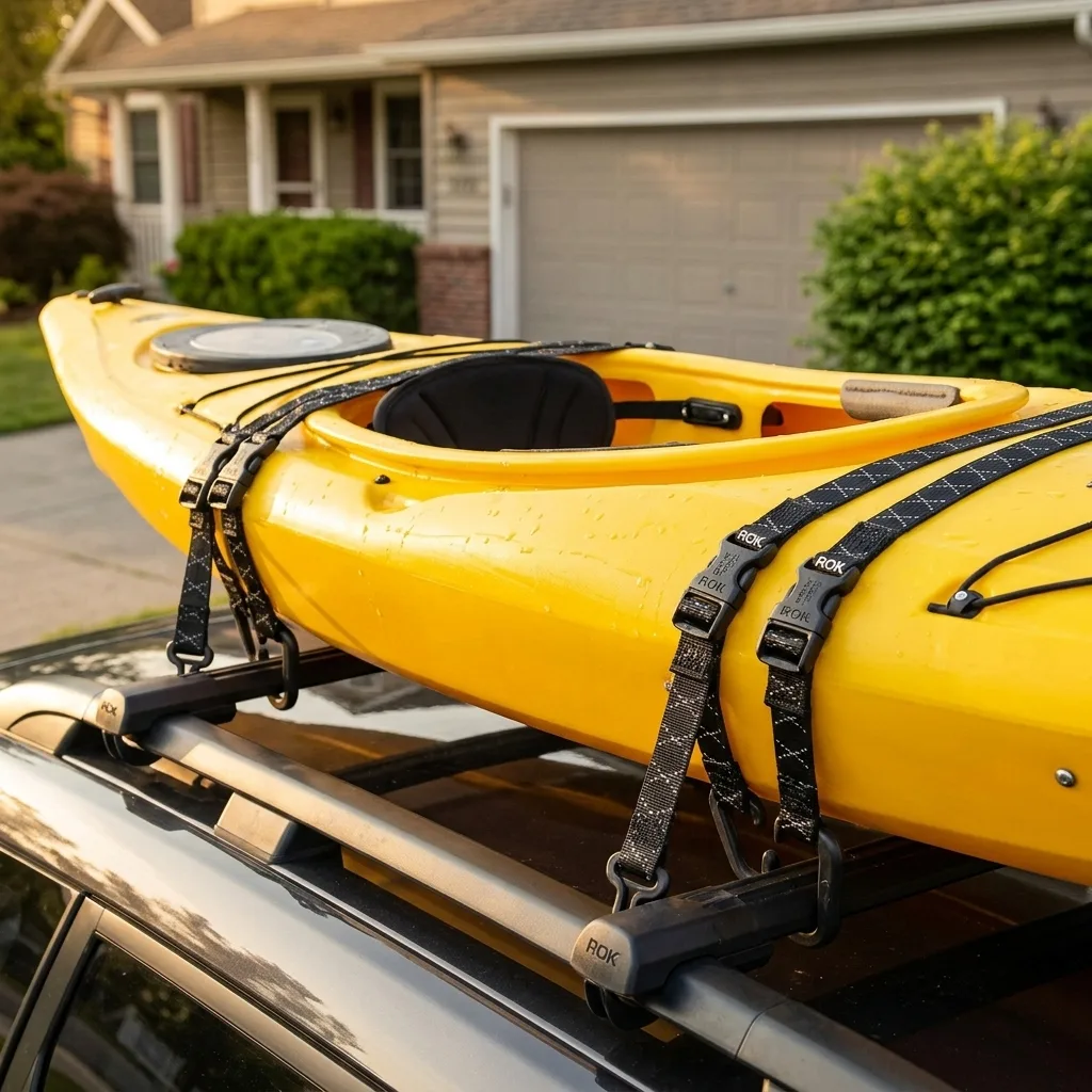 Yellow kayak secured with elastic cargo straps and black buckles on a vehicle roof in afternoon light.