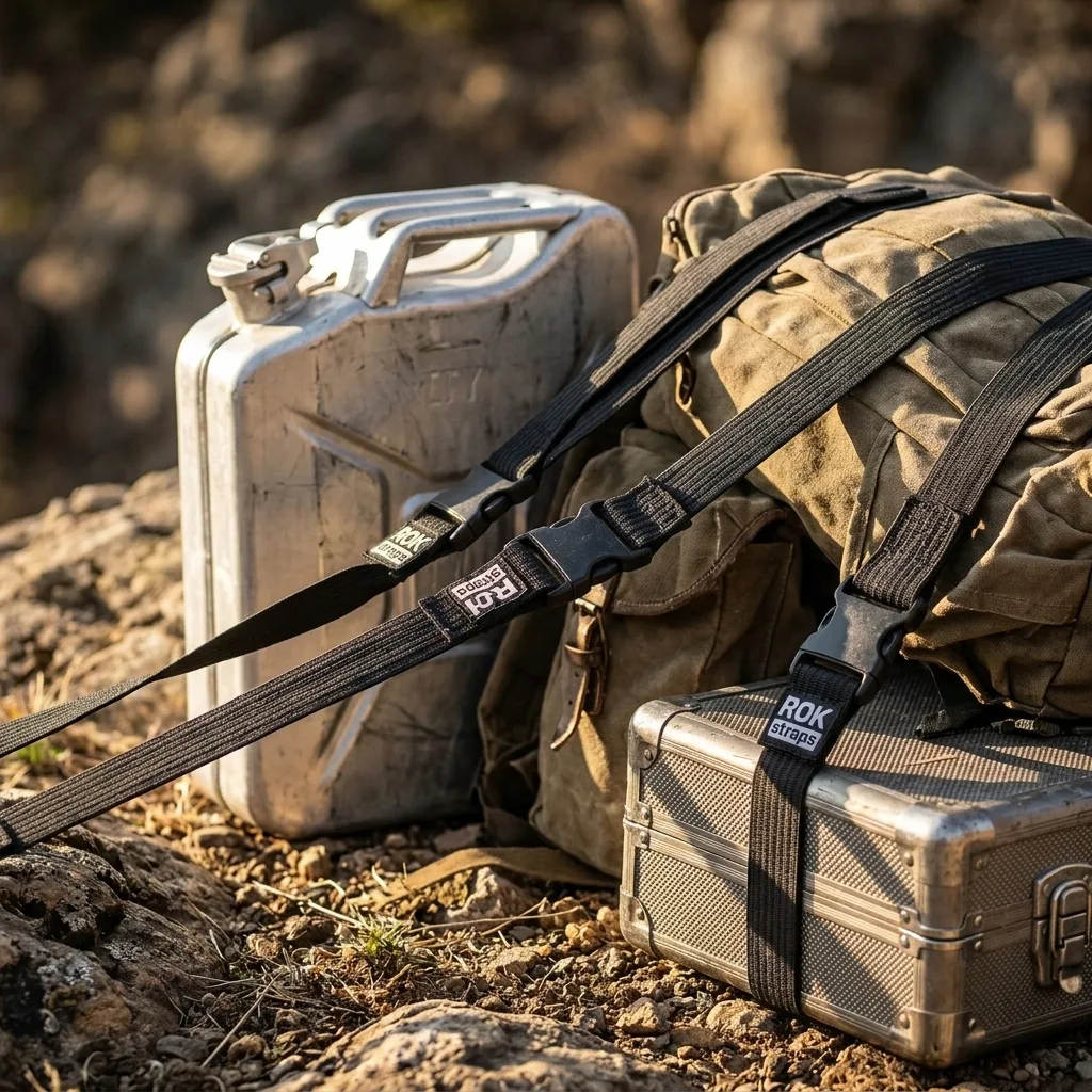 Stretched elastic cargo straps with black buckles securing outdoor gear in natural golden light.