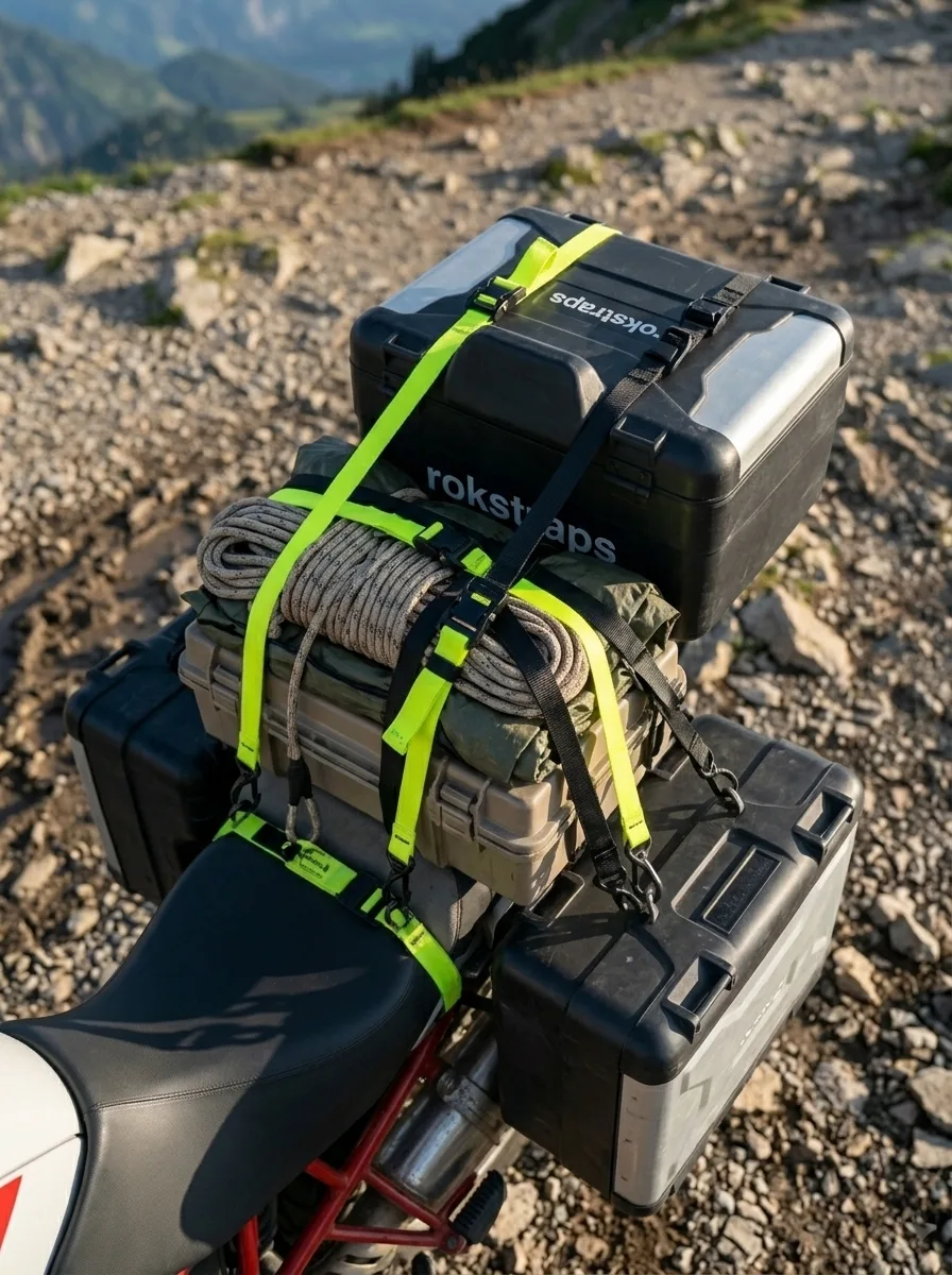 Overhead view of elastic cargo straps securing expedition boxes to 4x4 roof rack with late afternoon lighting.
