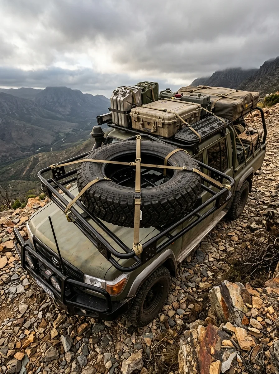Rugged 4x4 loaded with expedition gear secured by elastic cargo straps on rocky mountain terrain.