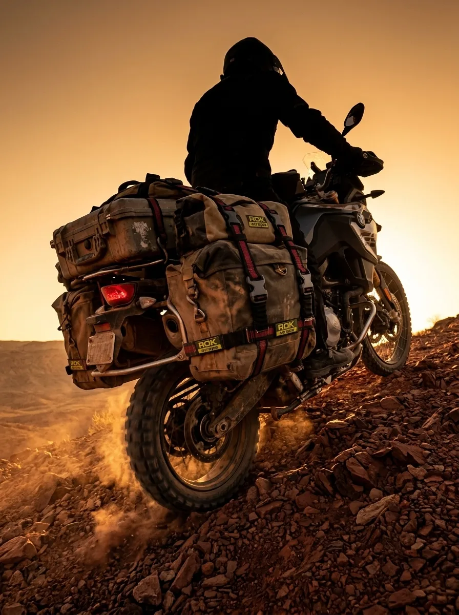 Adventure moto golden hour desert ridge ROK Straps Adventure motorcycle with ROK straps cargo securing gear ascending a desert ridge at golden hour with rider.