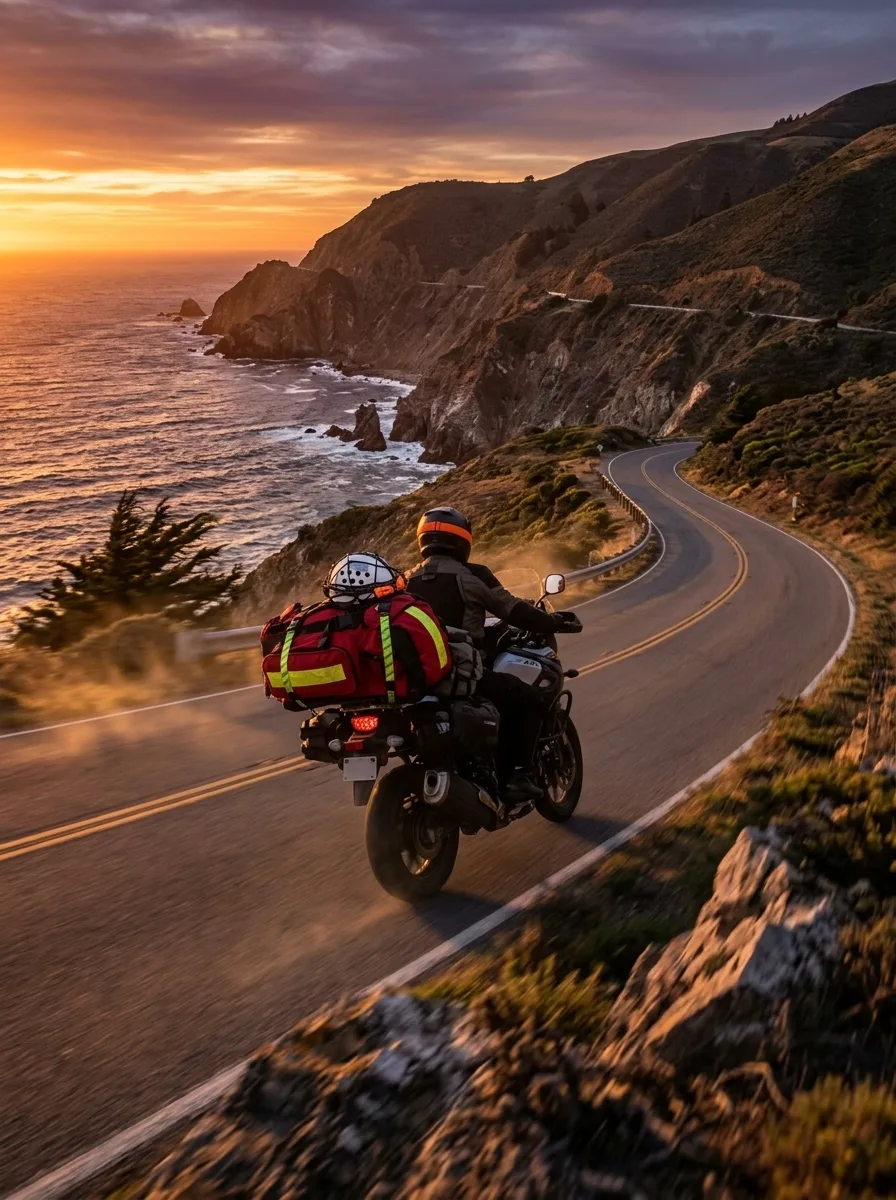 Rider on loaded adventure motorcycle with ROK Straps cargo cresting coastal highway cliffs at sunset.