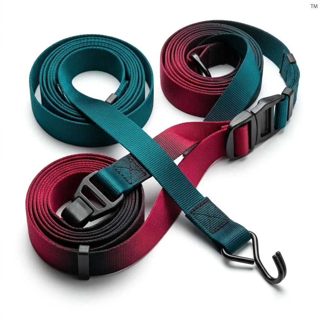 Colorful elastic cargo straps coiled and stretched on white background with black plastic buckles.