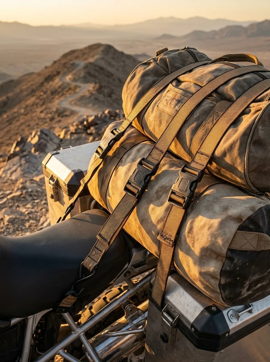 Elastic cargo straps with black buckles secure motorcycle expedition gear in golden hour desert light.