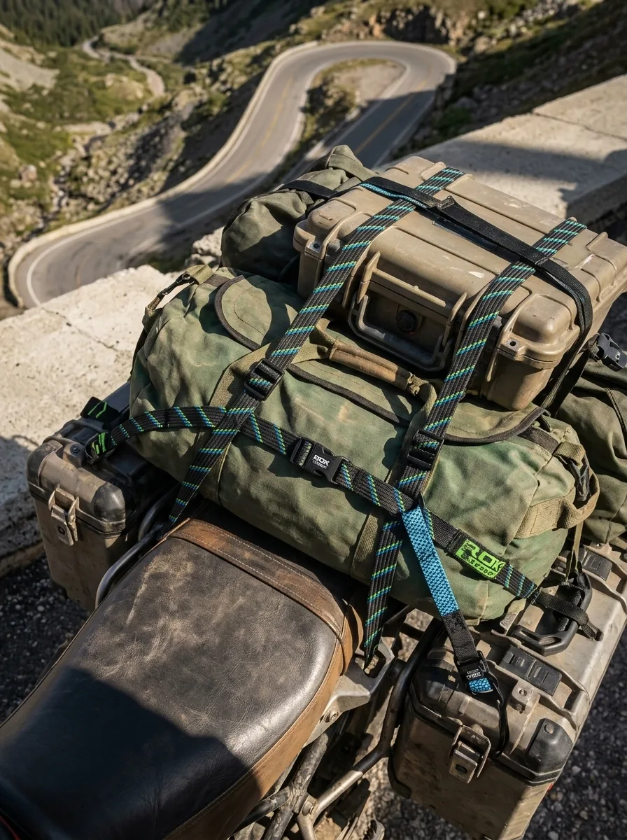Mountain pass motorcycle overhead ROK Straps detail shot Overhead view of ROK Straps securing duffle bags to a motorcycle on a mountain pass road.