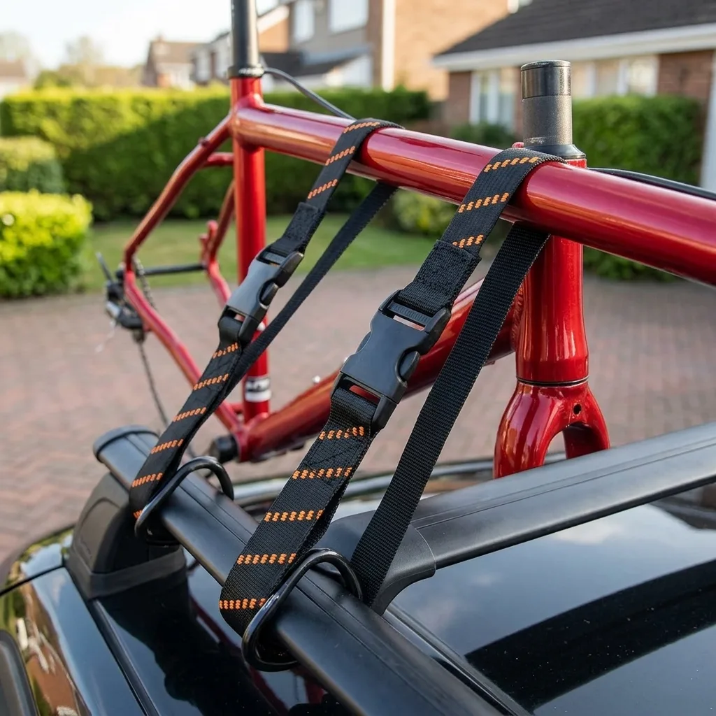 Red bicycle secured with elastic cargo straps and black buckles on a vehicle roof rack in daylight.