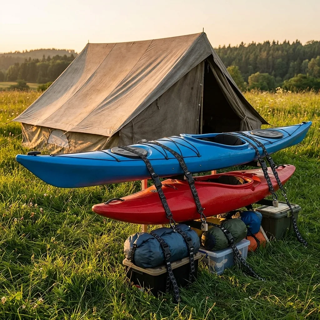 Camping gear and kayaks organized outdoors, secured with elastic cargo straps and black buckles in natural daylight.