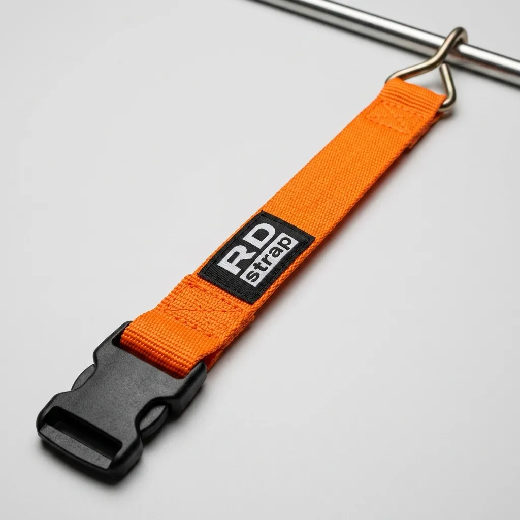 ROK Strap Tension Detail Shot Single stretched elastic cargo strap in orange with black plastic buckle on gray seamless background.