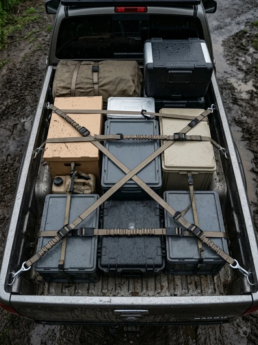 Truck bed secured with elastic cargo straps and black buckles on muddy overland terrain.