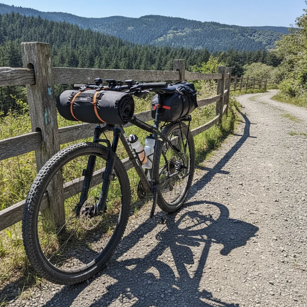 ROK Straps bicycle camping load daylight A loaded camping bicycle with tent and gear secured by elastic cargo straps in bright daylight on a gravel path.
