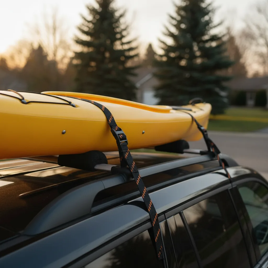 Elastic cargo straps with plastic buckles securing a yellow kayak to a vehicle roof rack in afternoon sunlight.