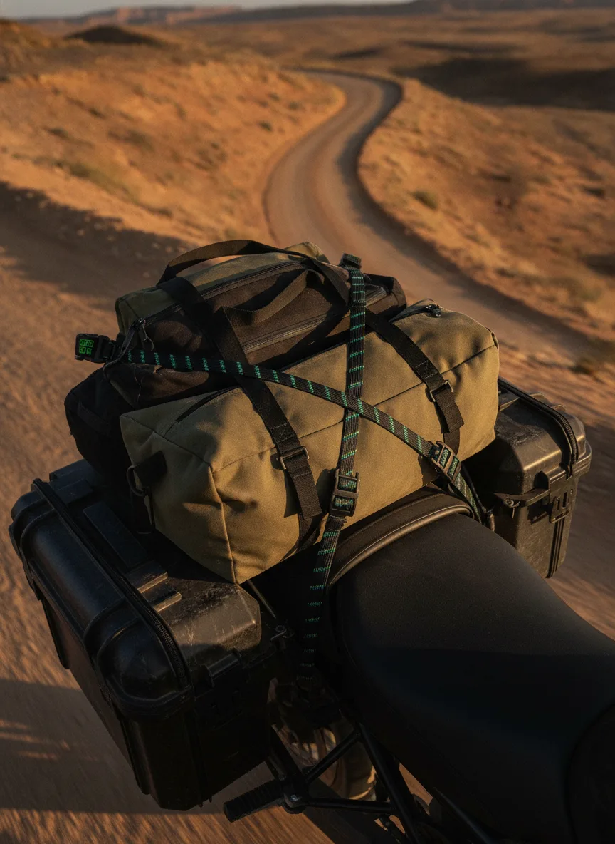 ROK Straps desert motorcycle gear detail Close-up of elastic cargo straps securing motorcycle gear on a desert ridge at golden hour.