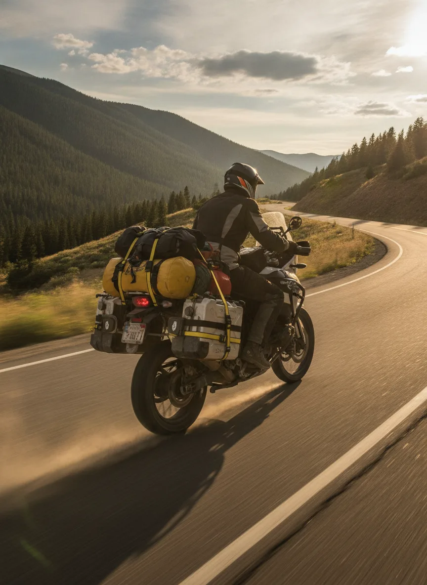 ROK Straps mountain pass motorcycle expedition Motorcycle rider ascending a mountain pass at sunset with elastic cargo straps securing expedition gear.