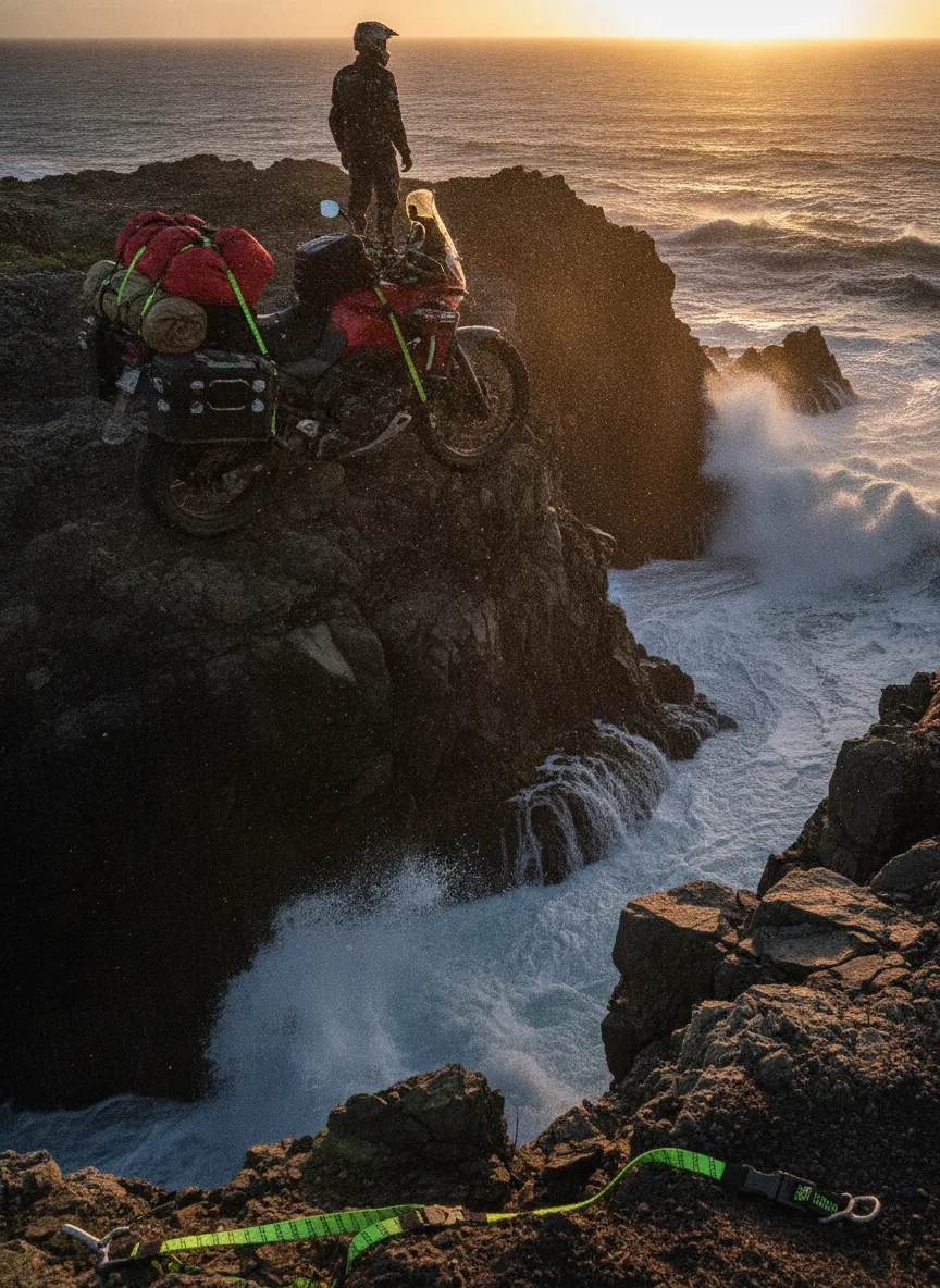 ROK Straps coastal adventure motorcycle Adventure motorcycle loaded with elastic cargo straps parked on a coastal bluff at golden hour.