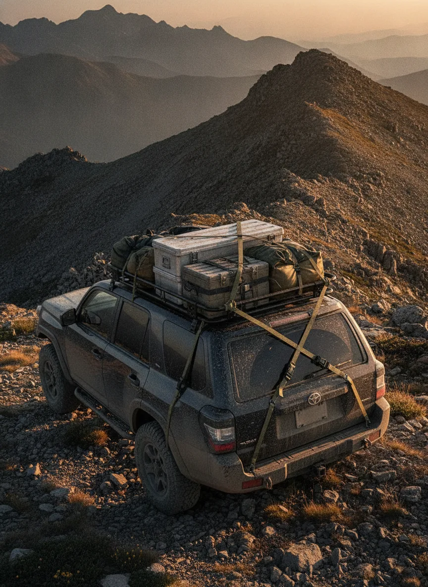Rugged 4x4 vehicle loaded with expedition gear secured by elastic cargo straps on a mountain ridge at golden hour.