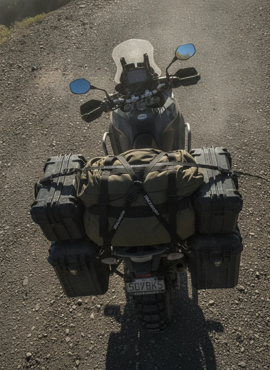 Overhead view of elastic cargo straps securing expedition gear to an adventure motorcycle on a mountain pass.