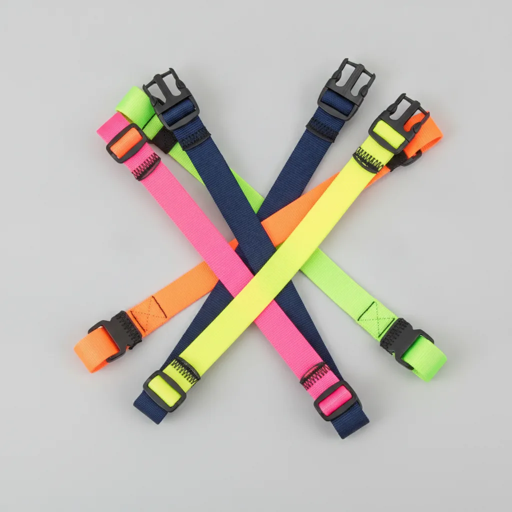 Stretched ROK elastic straps - studio overhead shot Five bright elastic cargo straps stretched horizontally on gray background with black plastic buckle connectors.