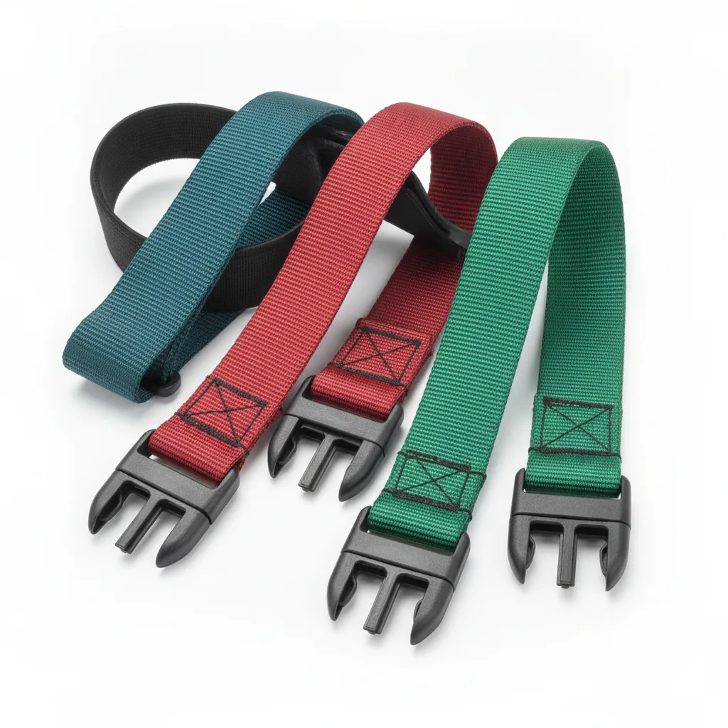Three colorful elastic cargo straps coiled and stretched on white background with black plastic buckles.