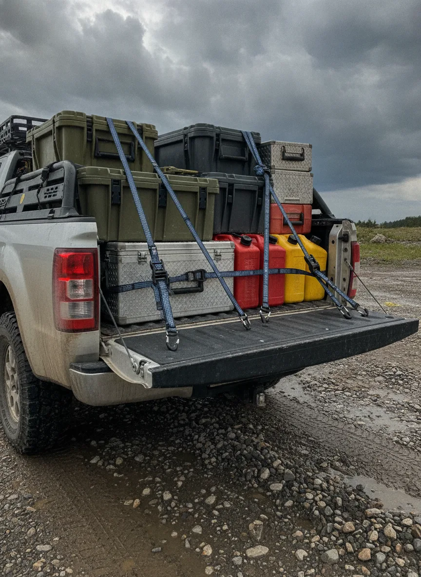 Truck bed loaded with expedition containers secured by elastic cargo straps in overcast weather on muddy terrain.