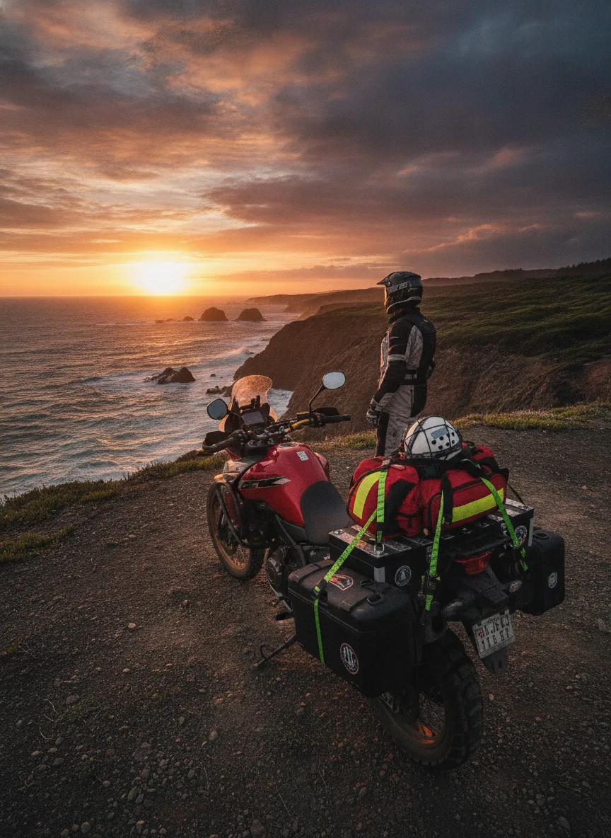 Adventure motorcycle loaded with ROK Straps at coastal cliff overlook during golden hour with dramatic ocean backdrop.