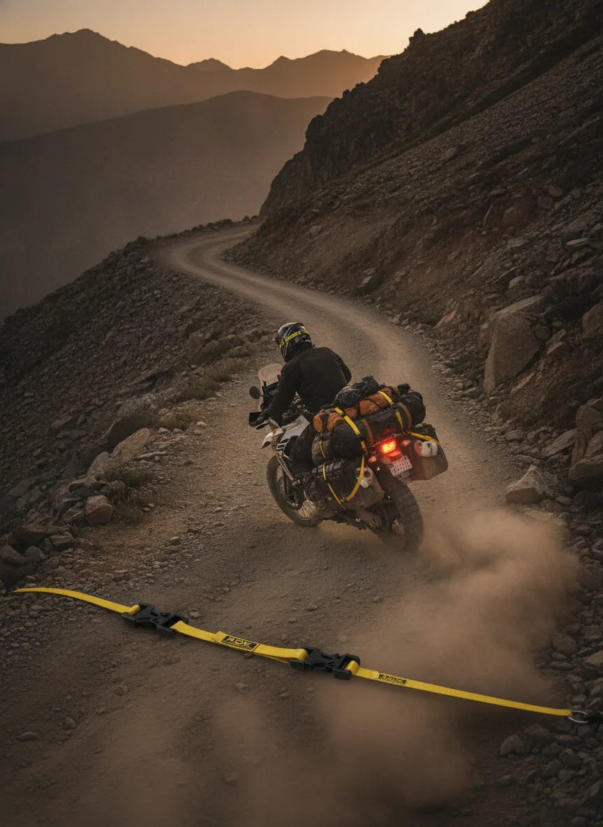 Adventure motorcycle with rider ascending mountain pass, gear secured with ROK straps at golden hour with dust and dramatic shadows.
