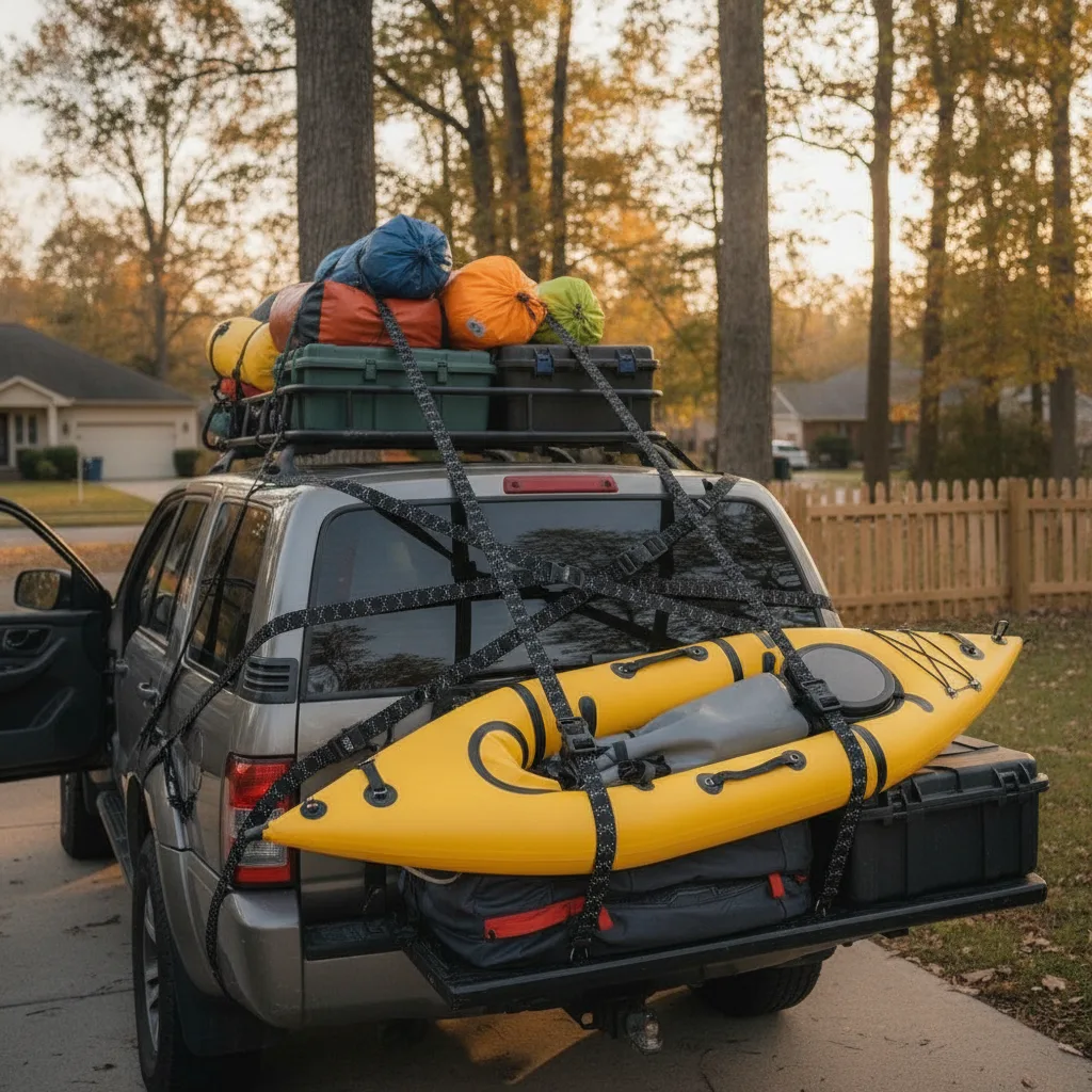 Cargo straps securing camping gear and kayak to a vehicle roof in bright afternoon sunlight.