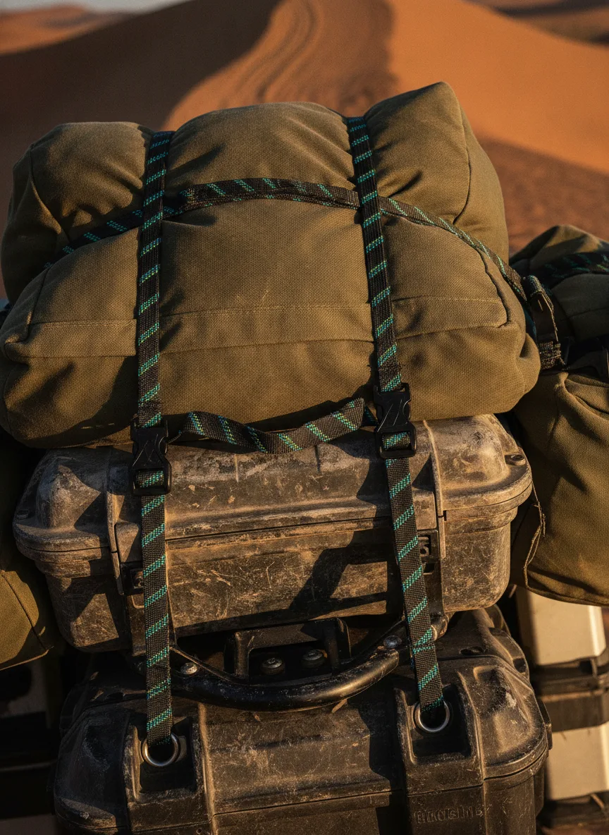 Close-up of elastic cargo straps with black buckles securing motorcycle gear on a desert ridge in afternoon light.