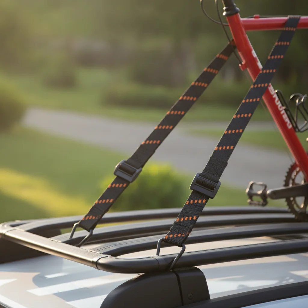 Elastic cargo straps with black buckles securing a red bicycle to a roof rack in bright daylight.