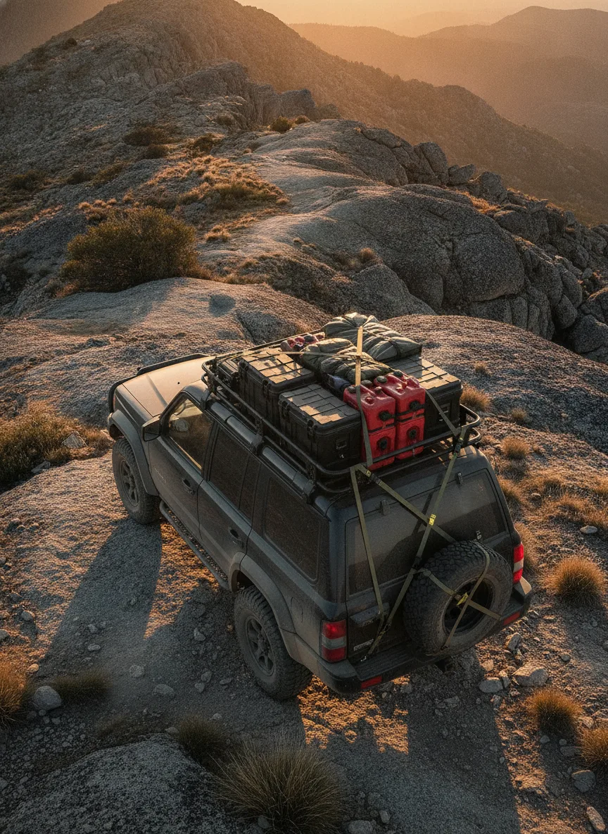Rugged 4x4 with elastic cargo straps securing roof-mounted expedition boxes on a rocky mountain ridge at sunset.