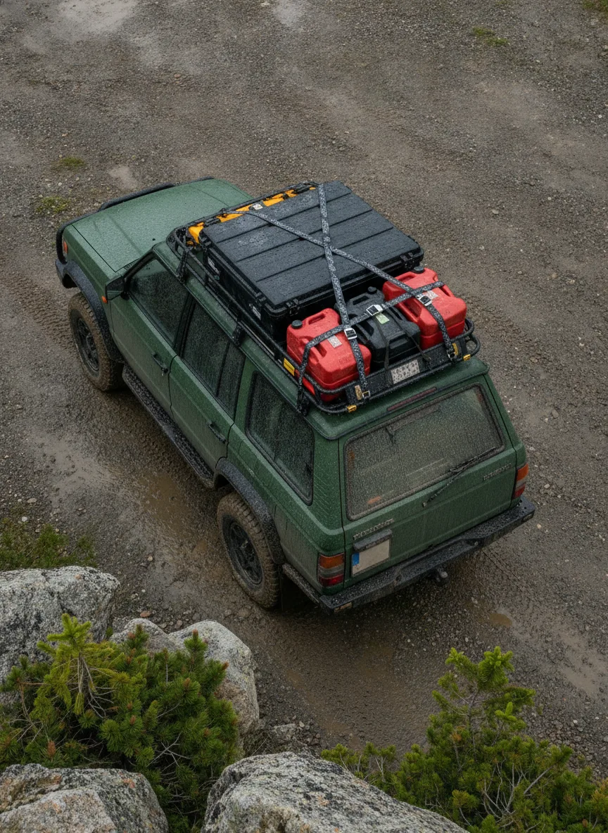 4x4 vehicle secured with elastic cargo straps on muddy terrain during overcast mountain expedition conditions.