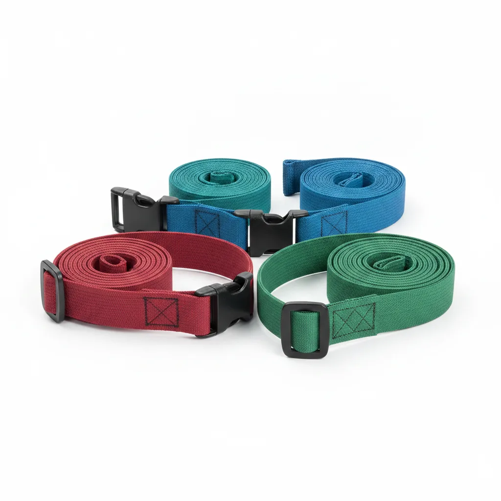 Colorful coiled elastic cargo straps with black plastic buckles on white studio background.