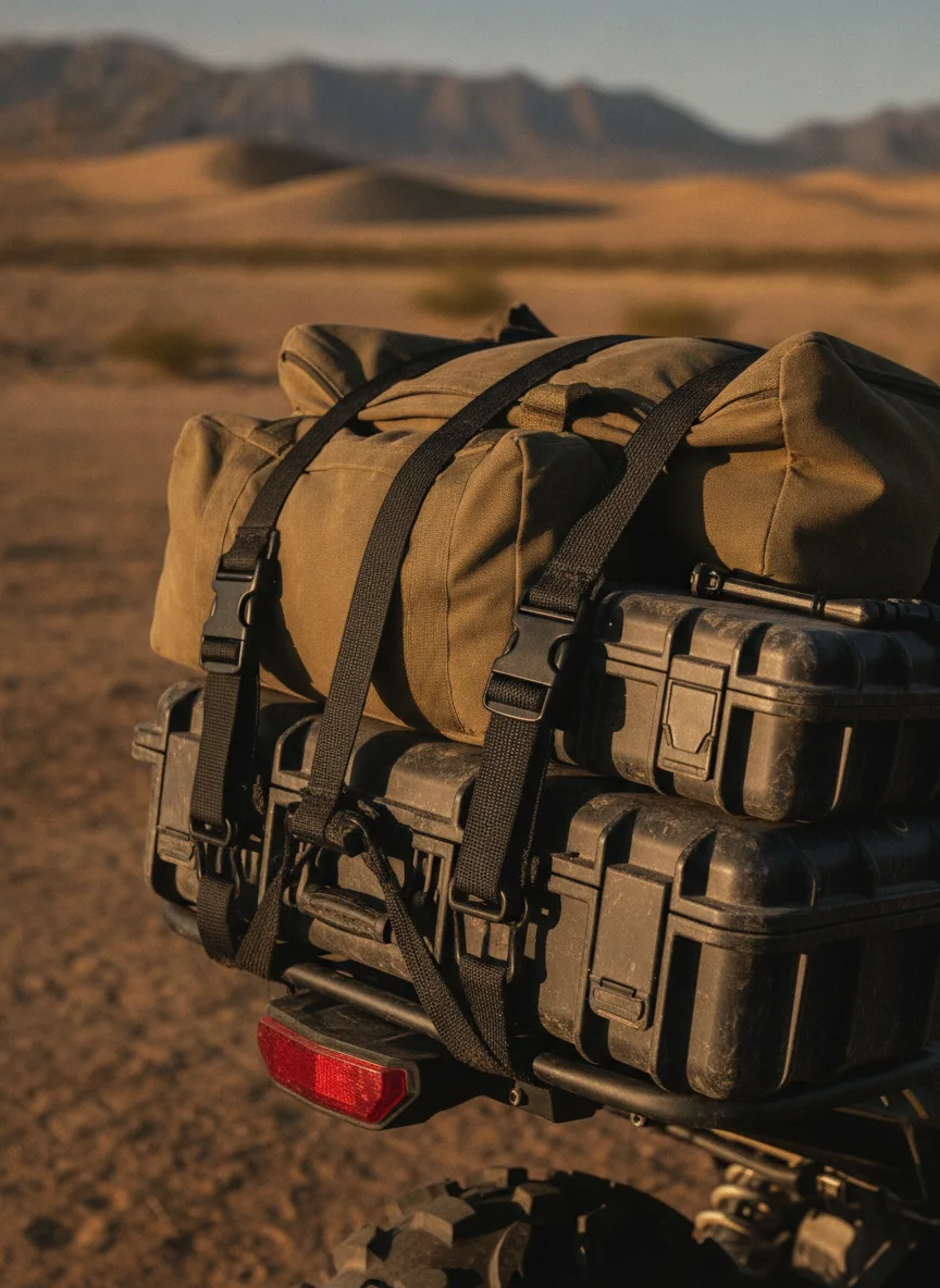 Elastic cargo straps with black buckles securing duffle bags to a motorcycle frame in desert golden hour light.