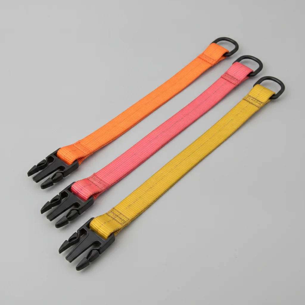 ROK Straps stretched warm tones studio detail Stretched elastic cargo straps in warm colors with black buckles on gray studio backdrop.