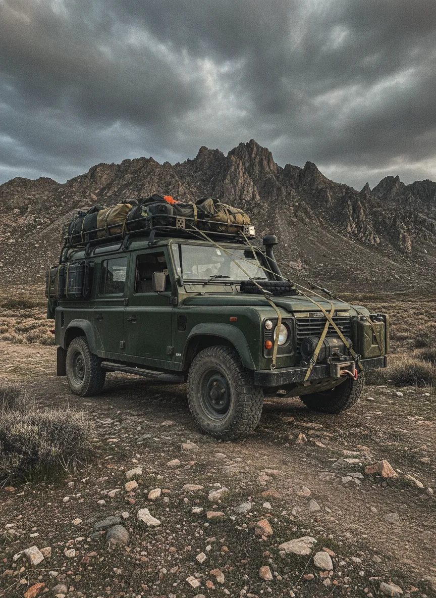 4x4 roof rack cargo straps mountain ridge Rugged 4x4 with roof-mounted expedition boxes secured by elastic cargo straps on a rocky mountain ridge.