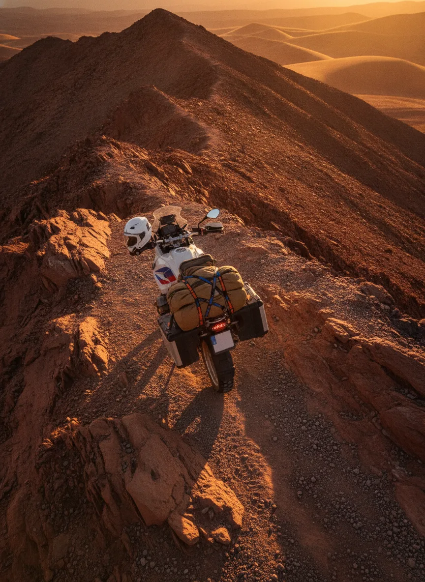 Adventure motorcycle loaded with secured gear ascending a rocky ridge at sunset with dramatic golden light.